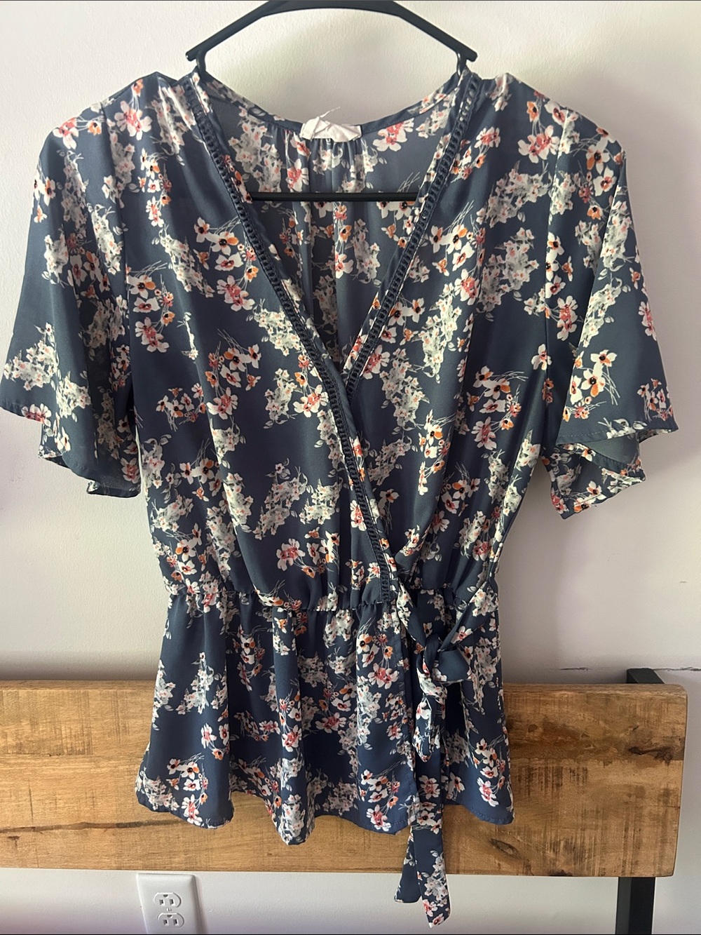 Sienna Sky Navy Floral Wrap Top with Cream & Pink Blossoms